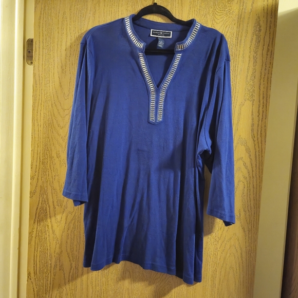Blue Long Sleeve Tee with Embellished Neckline - Picture 2 of 5